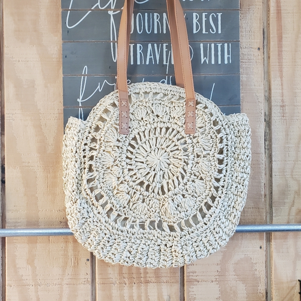 Straw Woven Tote Bag Double Handle Creamy White - Picture 7 of 9